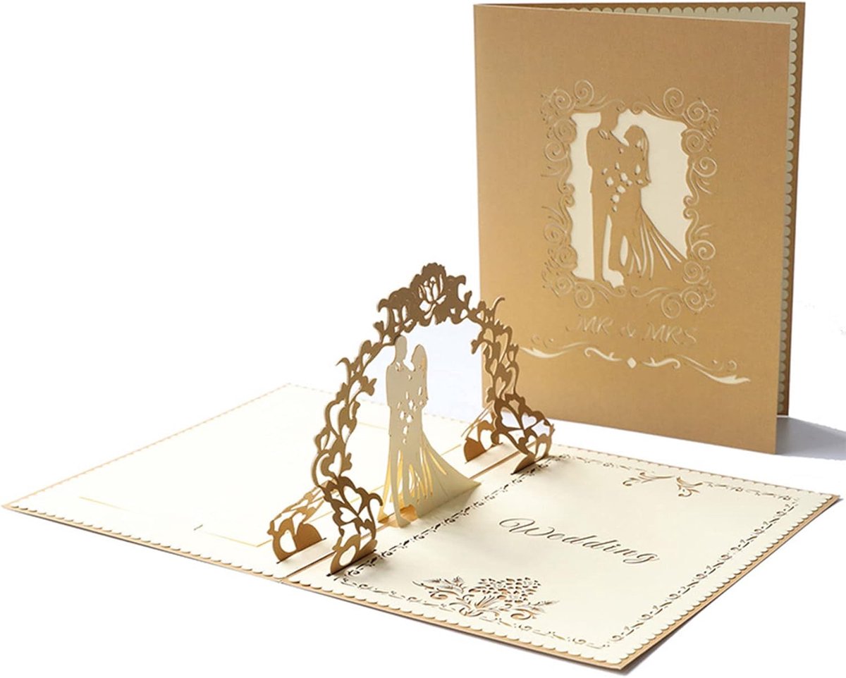Pop-up wedding card with a couple silhouette and intricate detailing on a white background