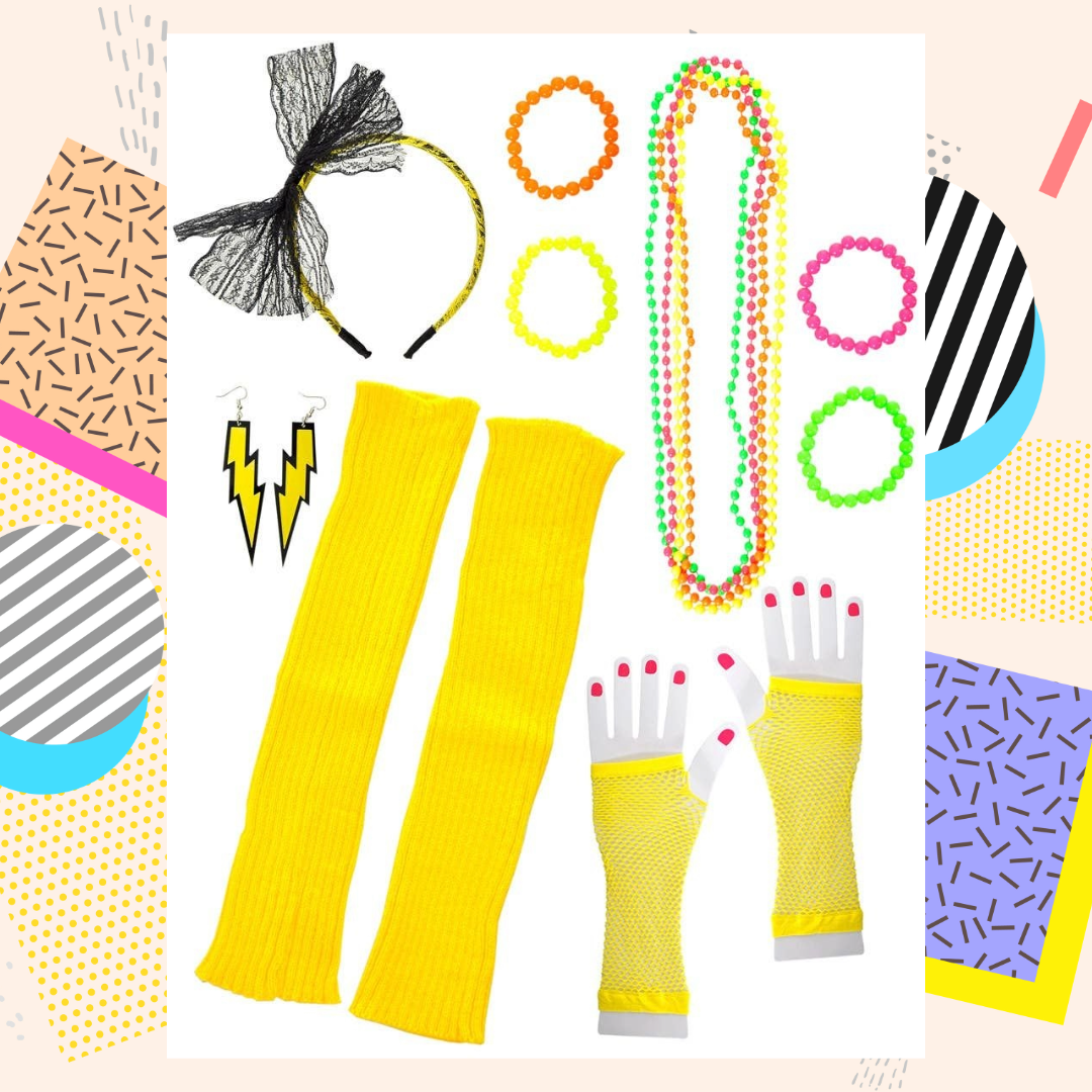 Collection of 80s-style accessories including yellow arm warmers, gloves, beads, and headband on a colourful patterned background.