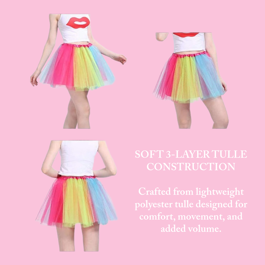 Colourful tulle skirt on a baby pink background with text about construction and material.