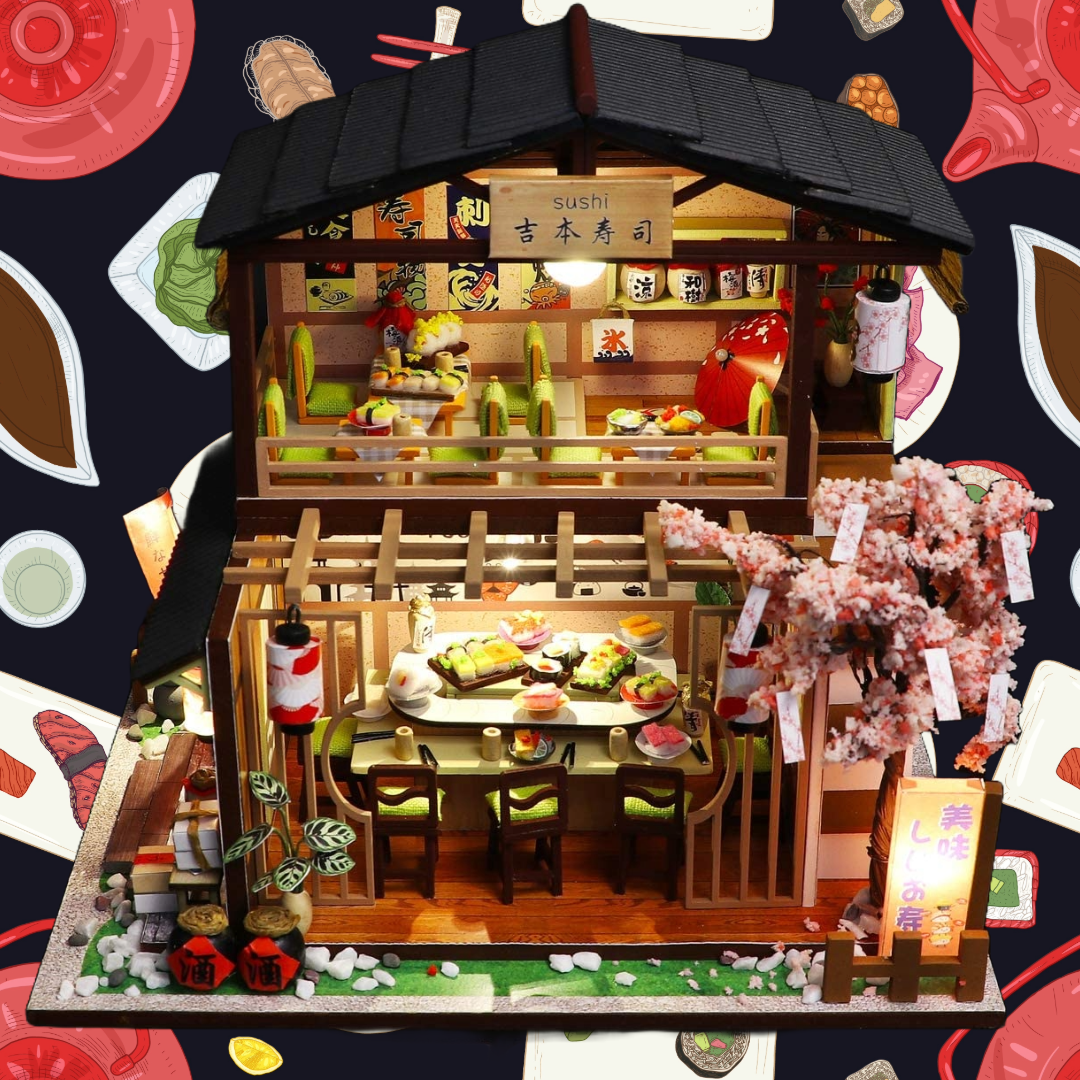 Miniature Dollhouse with Furniture Kit plus Dust Proof and Music Movement - Sushi Restaurant
