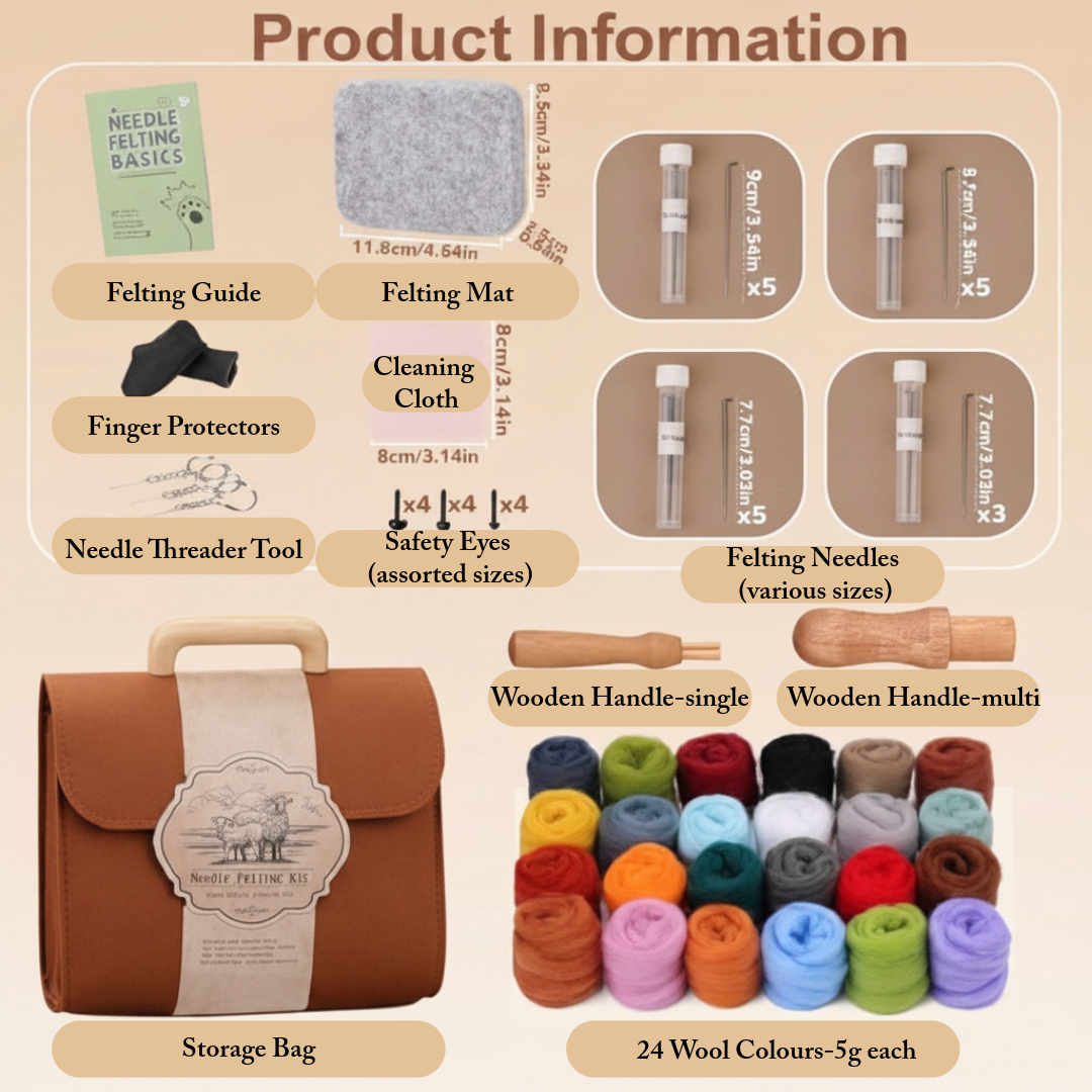 24 Colour Needle Felting Kit with Wool, Needles, Tools & Storage Bag – Complete Beginner DIY Craft Set for Felting Projects & Creative Art