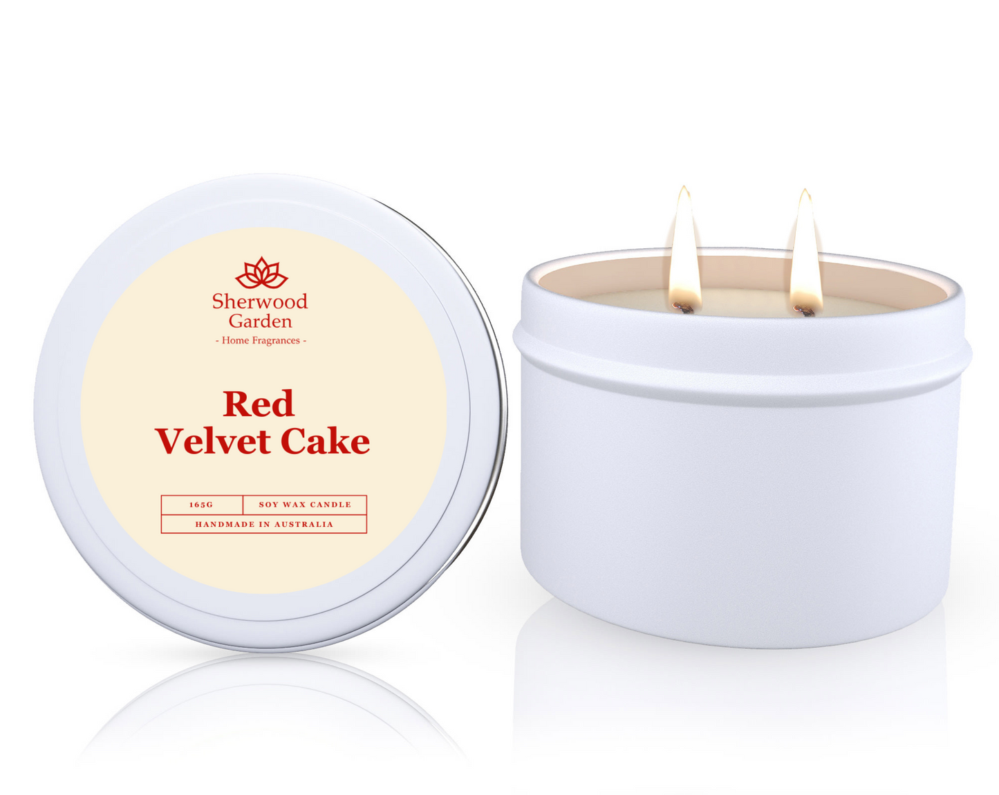 The Red Velvet Cake Soy Candle Tin 165g, featuring a candle in a white tin labeled 'Red Velvet Cake' by Sherwood Garden on a white background