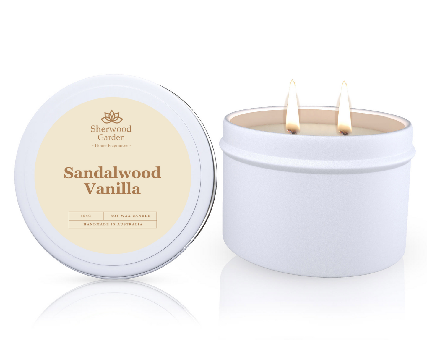 The Sandalwood Vanilla Soy Candle Tin 165g, featuring a candle in a white tin labeled 'Sandalwood Vanilla' by Sherwood Garden on a white background