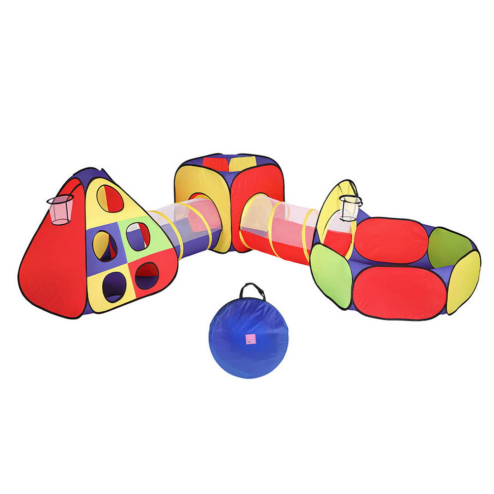 Keezi Kids 4-in-1 Play Tent Set – Teepee, Cube Playhouse, Crawl Tunnel & Ball Pit with Basketball Hoop (Multi-Colour)