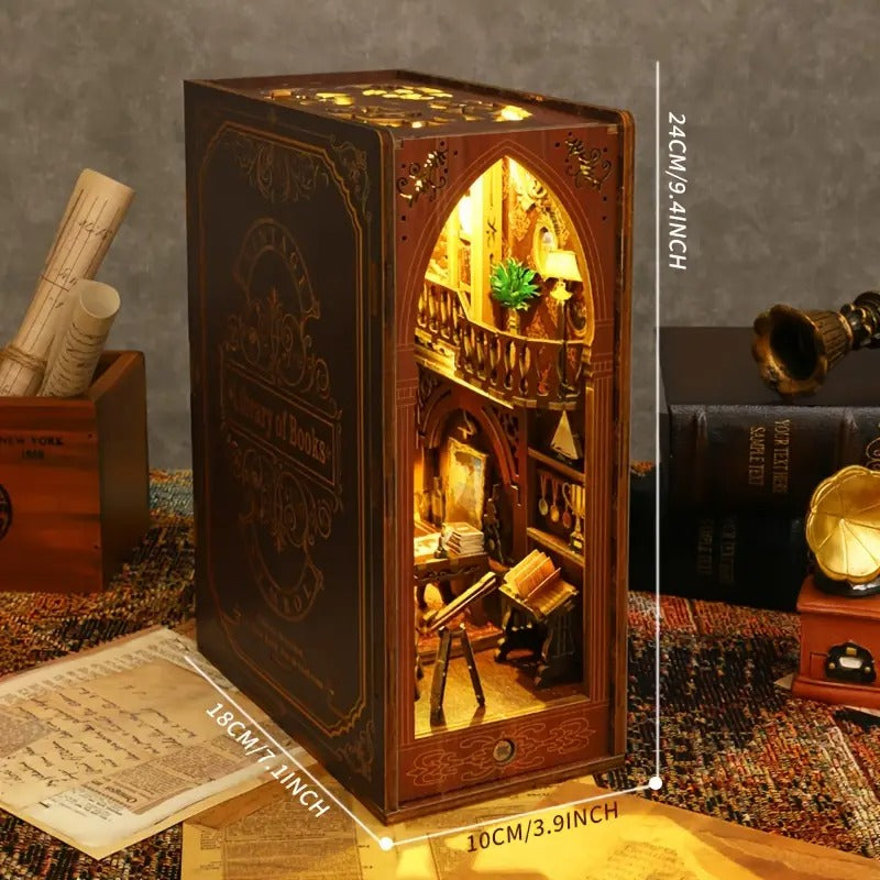 DIY Miniature Book Nook Kit – Vintage Library Wooden Bookend with LED Lights
