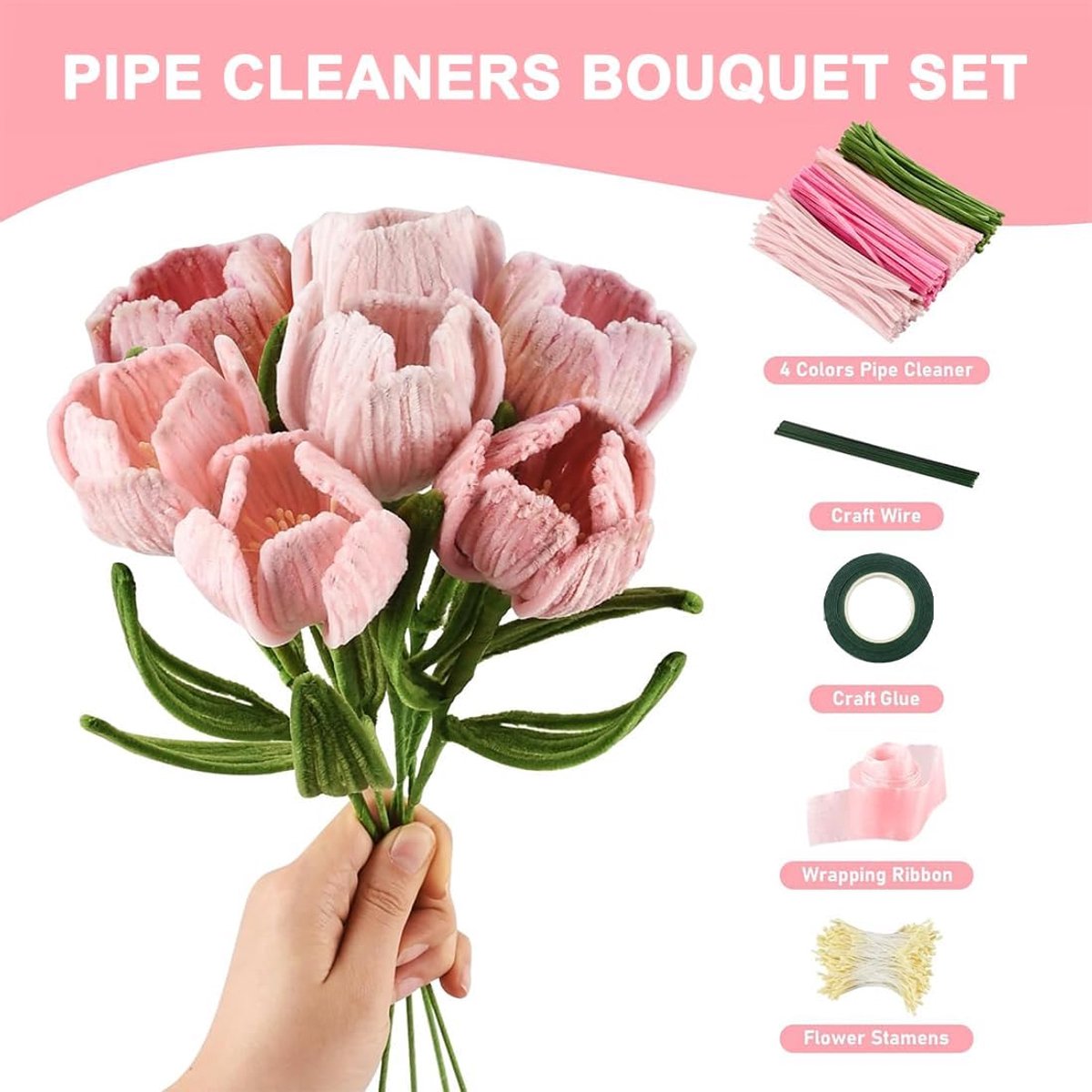 400pcs Pipe Cleaner Flower Kit – DIY Chenille Stem Craft Set with Stems, Stamens & Ribbon for Floral Art & Decorations