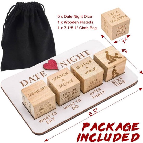 Romantic Date Night Dice Game Set – Couples Decision Dice with Wooden Board & Storage Bag