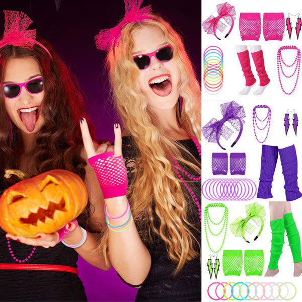 80s Neon Costume Accessories Set – Pink Retro Party Outfit Kit with Leg Warmers, Gloves & Jewellery