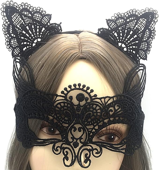 Cat Mask and Ears Set – Lace Masquerade Cat Mask with Headband Costume Accessory