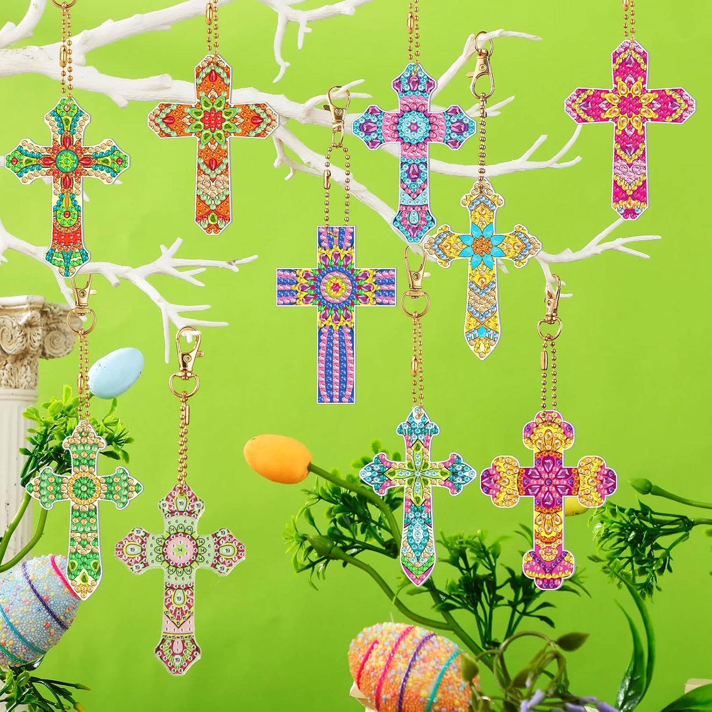 12 Pack Diamond Painting Cross Keychains DIY Kit – 5D Rhinestone Religious Craft Set for Kids, Easter, Baptism & Personalised Gifts