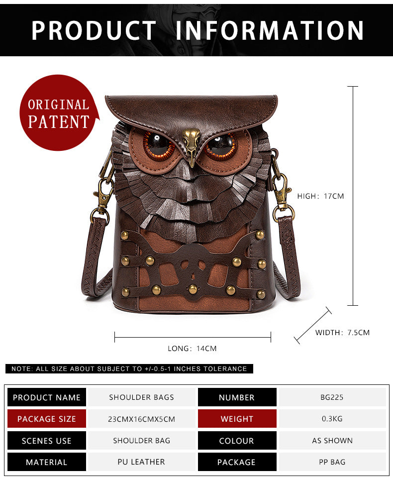 Handcrafted Owl Crossbody Shoulder Bag – Compact Retro Statement Design, Cruelty-Free PU Leather (Brown)