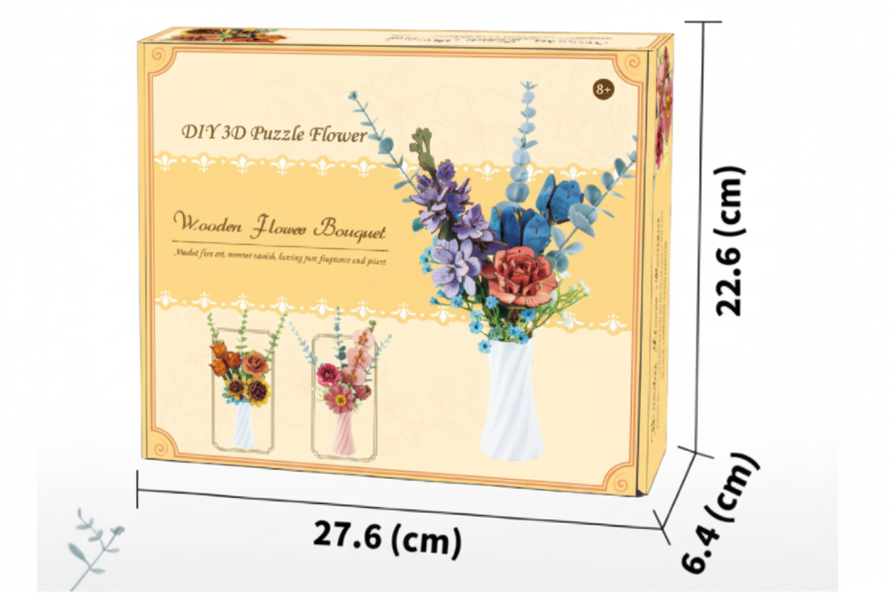 Orange DIY 3D Wooden Flower Bouquet Puzzle Set with Vase – Creative Craft Kit for Kids & Adults