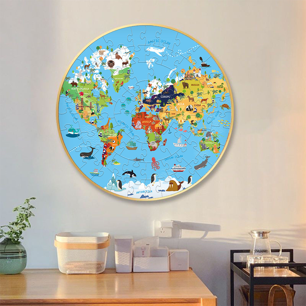 World Animal Jigsaw Puzzle - 70 Piece Round World Map for Fun Geography Learning