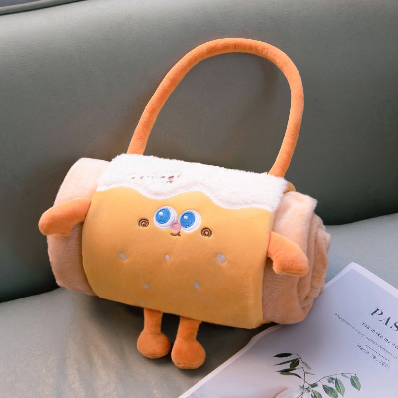 Caramel Cartoon Roll-Up Blanket & Pillow – Plush Flannel Travel Throw 80 x 100cm