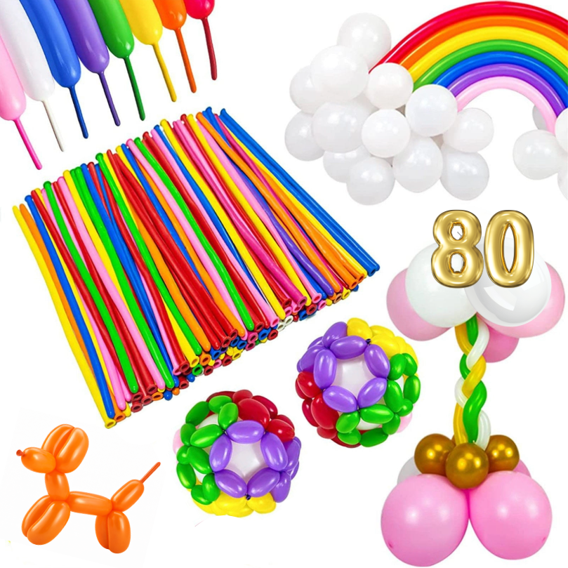 The 100 Pack 260 Long Twisting Balloons – Colourful Latex Balloons for Animal Modelling, Balloon Art & Party Decorations, featuring completed balloon sculptures on a white background.