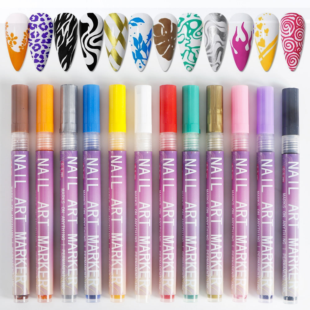 The 12-Colour Nail Art Marker Pen Set – 0.5mm Fine Tip Acrylic Paint Pens for DIY Manicure, Graffiti Nail Designs & Creative Expression 
