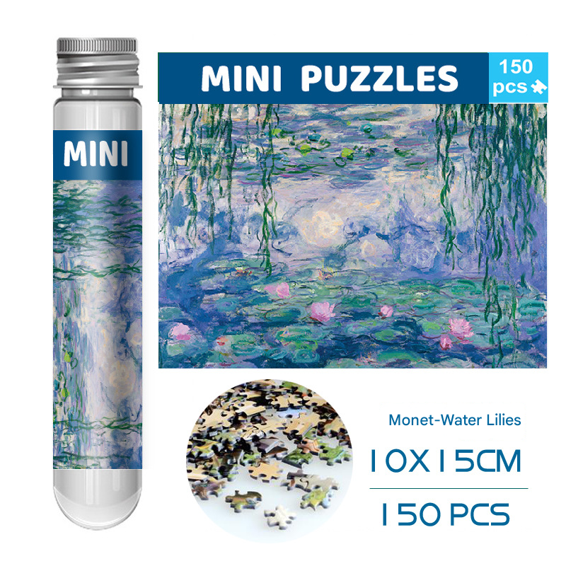The 150-Piece Mini Jigsaw Puzzle in Reusable Tube – Compact Travel Puzzle with Postcard Back Design for Creative Play (Monet - Water Lilies)