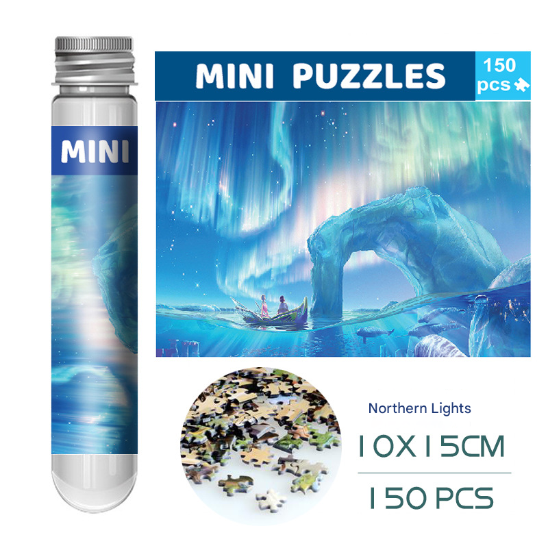 The 150-Piece Mini Jigsaw Puzzle in Reusable Tube – Compact Travel Puzzle with Postcard Back Design for Creative Play (Northern Lights)