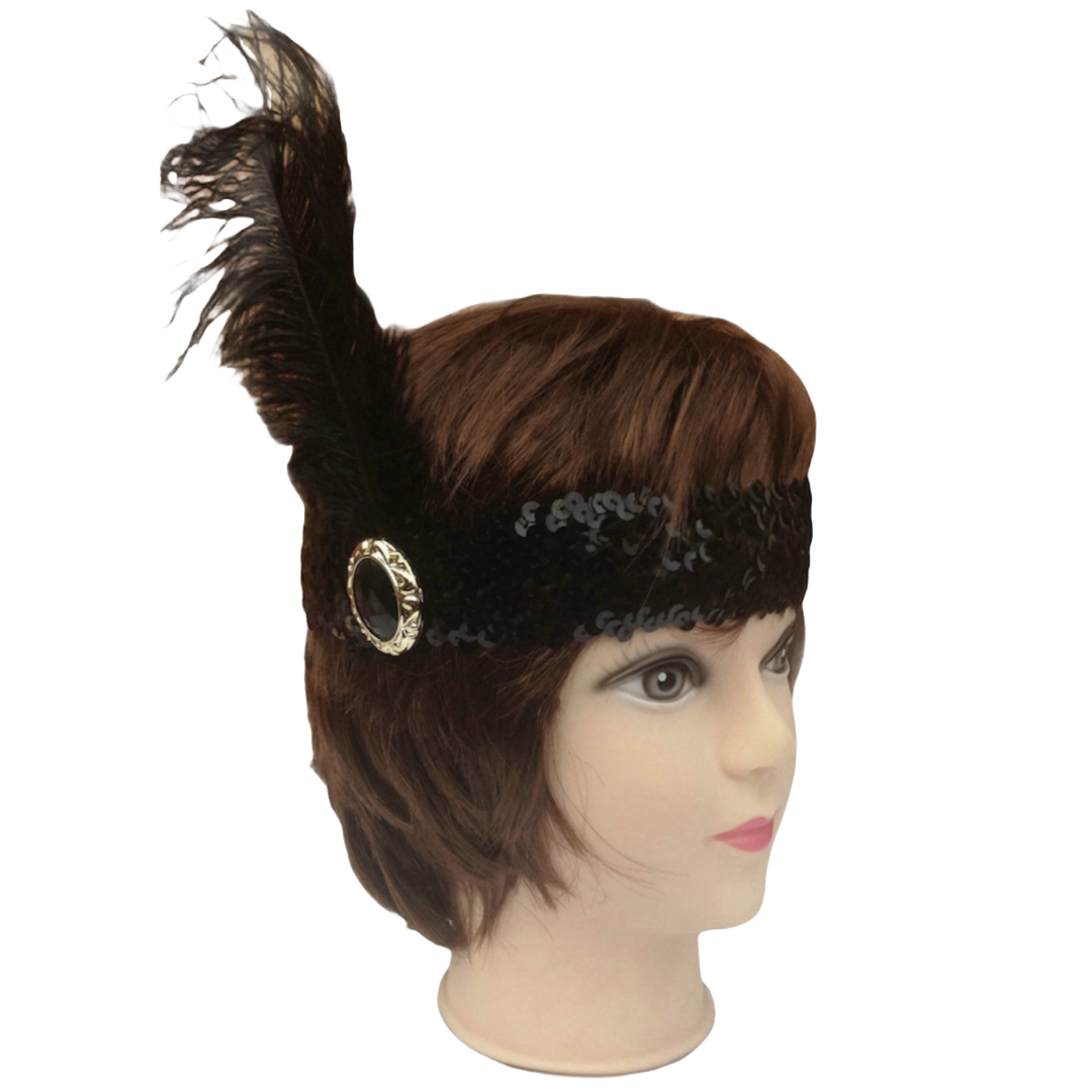 The 1920s Wide Sequin Flapper Headband Party Costume - Classic Black featured on a white background.