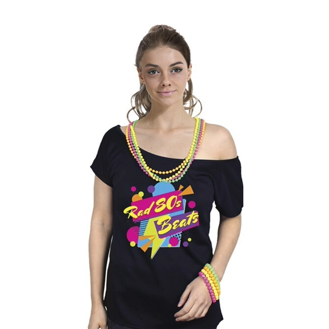 A woman wearing a 1980s Rad 80s Beats Black Graphic T-Shirt Party Costume with colourful 1980s themed text and patterns. Accessorized with colourful beads.