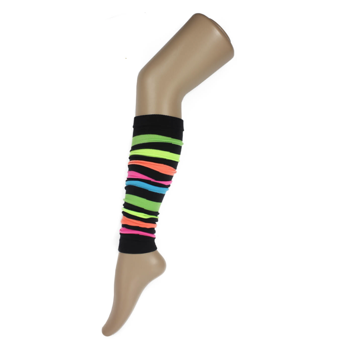 A pair of 1980s Rainbow Black Stripe Leg Warmers Costume Party Accessory on a mannequin leg, primarily designed for costume parties and themed events.