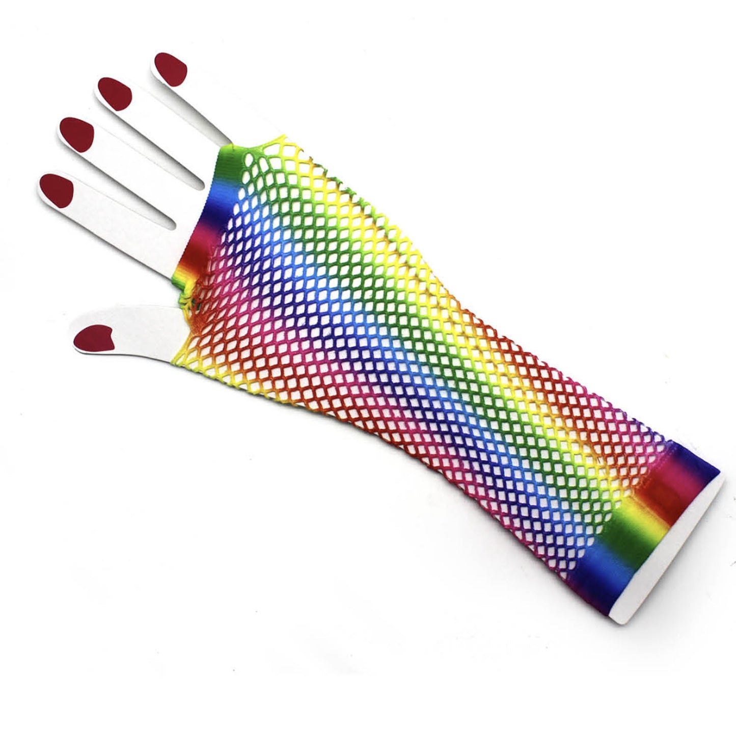A pair of 1980s Rainbow Stripe Fishnet Fingerless Gloves Costume Party Accessory with a rainbow stripe pattern, designed for costume parties.