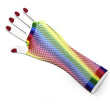 A pair of 1980s Rainbow Stripe Fishnet Fingerless Gloves Costume Party Accessory with a rainbow stripe pattern, designed for costume parties.