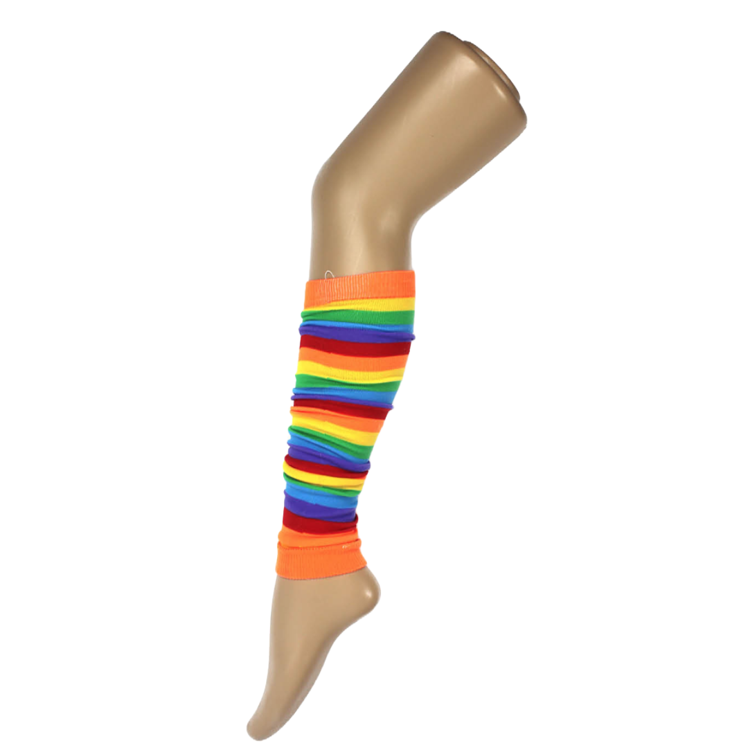 A pair of 1980s Rainbow Stripe Leg Warmers Costume Party Accessory on a mannequin leg, primarily designed for costume parties and themed events.