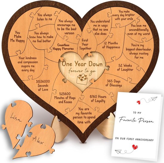 1st Anniversary Wooden Heart Puzzle Gift – Paper Anniversary Keepsake for Couples (Romantic Decor Set), a heart-shaped wooden puzzle with engraved messages and a card for first anniversary, featuring names of a couple