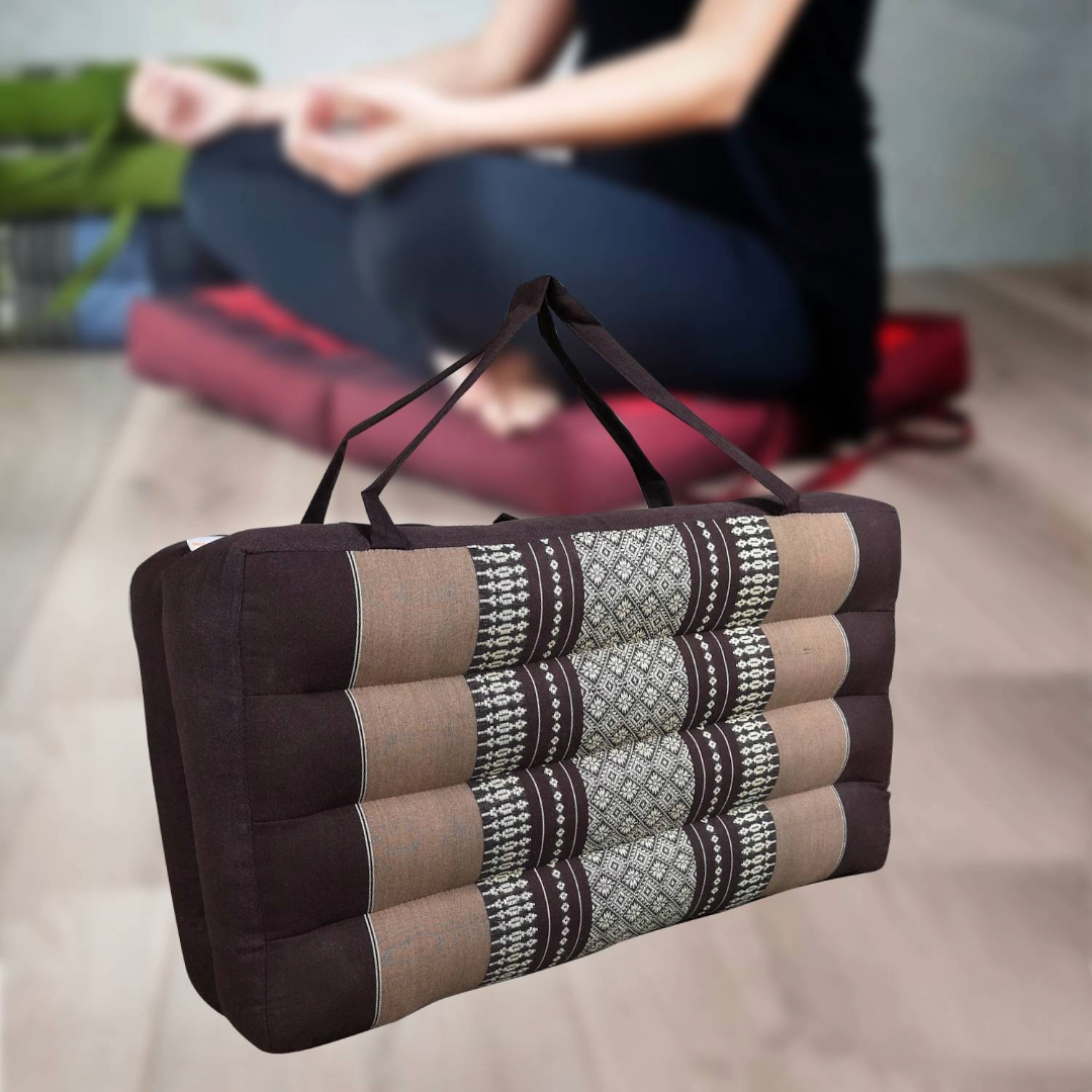 A 2-Fold Meditation Cushion Yoga Mat Brown with geometric patterns