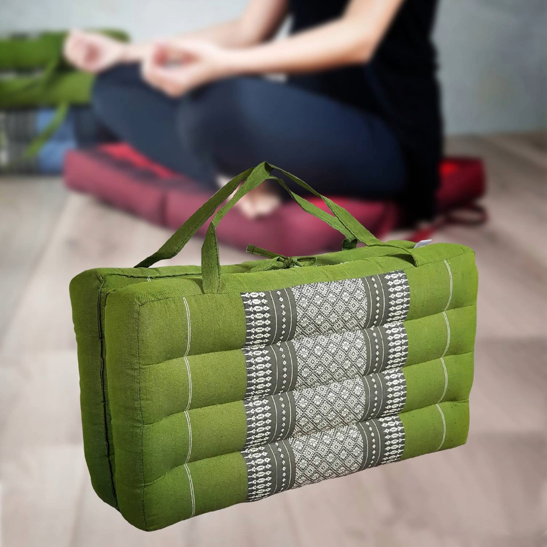 A 2-Fold Meditation Cushion Yoga Mat Green with geometric patterns