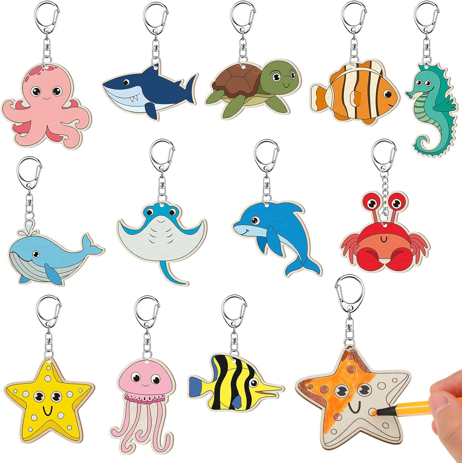 The 36 Pack Sea Life Wooden Keychains DIY Paint Your Own Craft Kit – Under the Sea Blank Wood Art Set for Kids Activities, Party Crafts & Creative Gifts