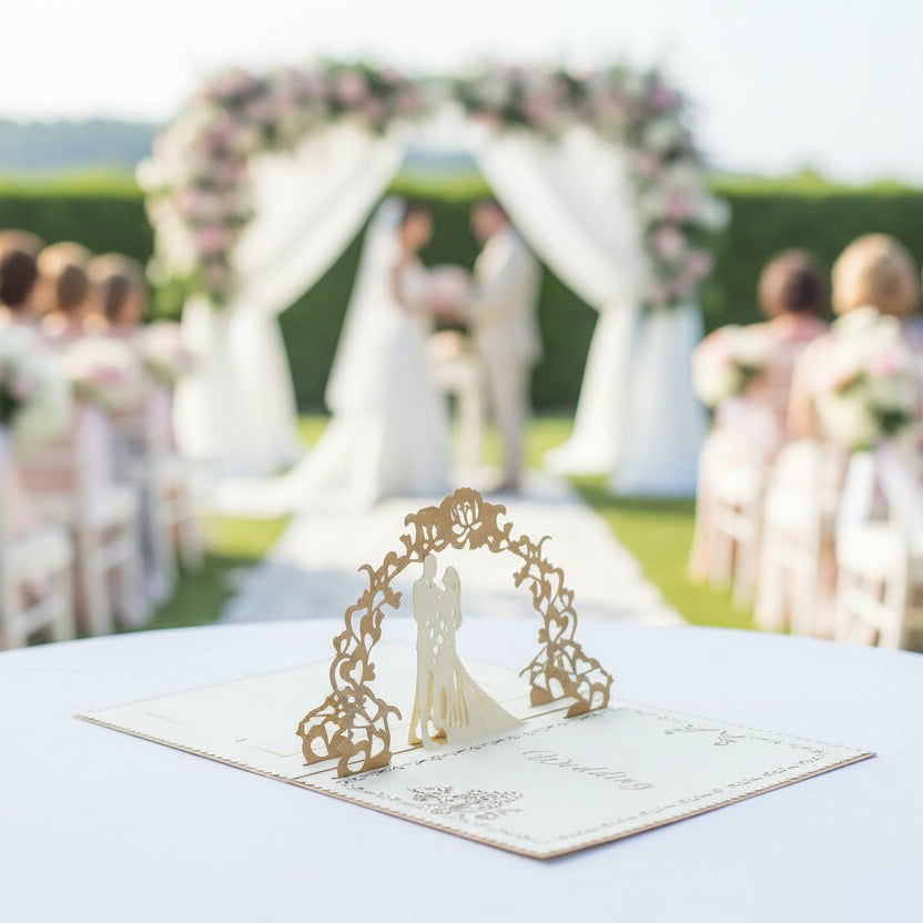 The 3D Pop-Up Wedding Card – Gold Bridal Couple Greeting Card for Weddings, Anniversaries & Invitations, featuring the wedding card displayed on a table where guests can write heartfelt messages.