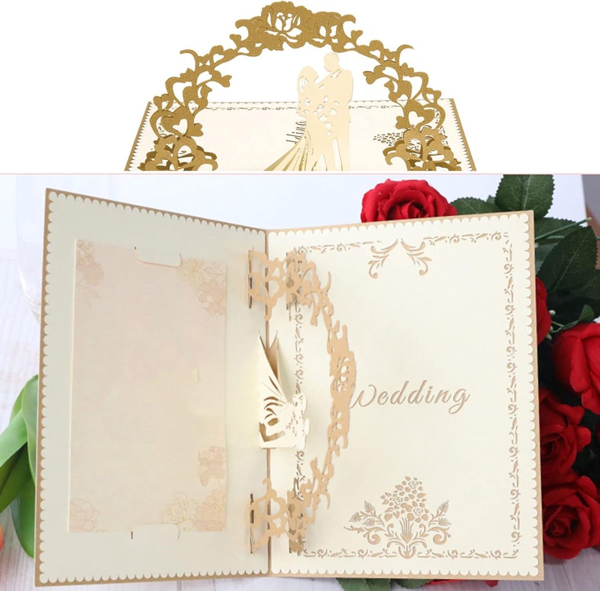 Decorative wedding invitation card with intricate gold designs and 'Wedding' text, surrounded by red roses.