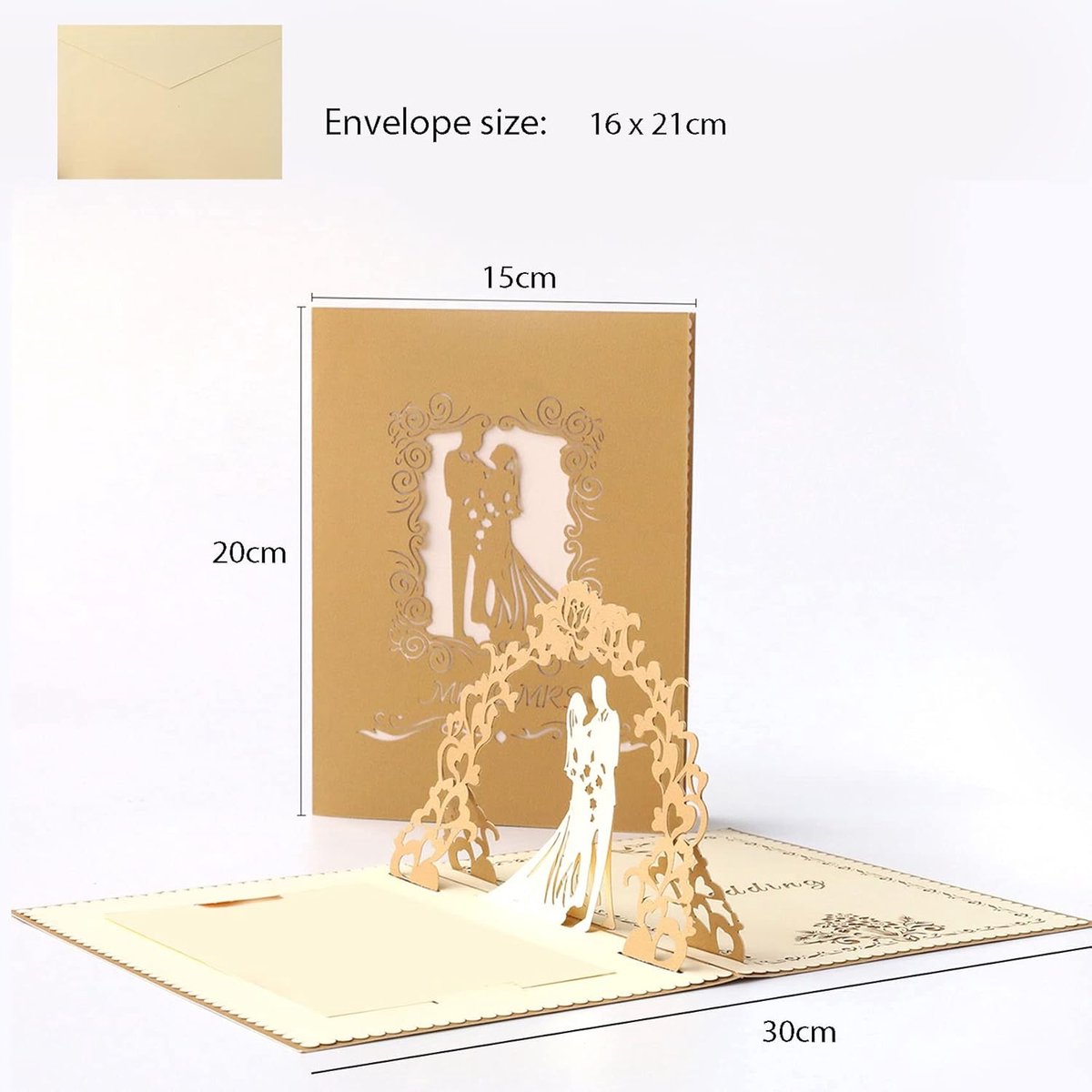Pop-up wedding card with measurements on a white background