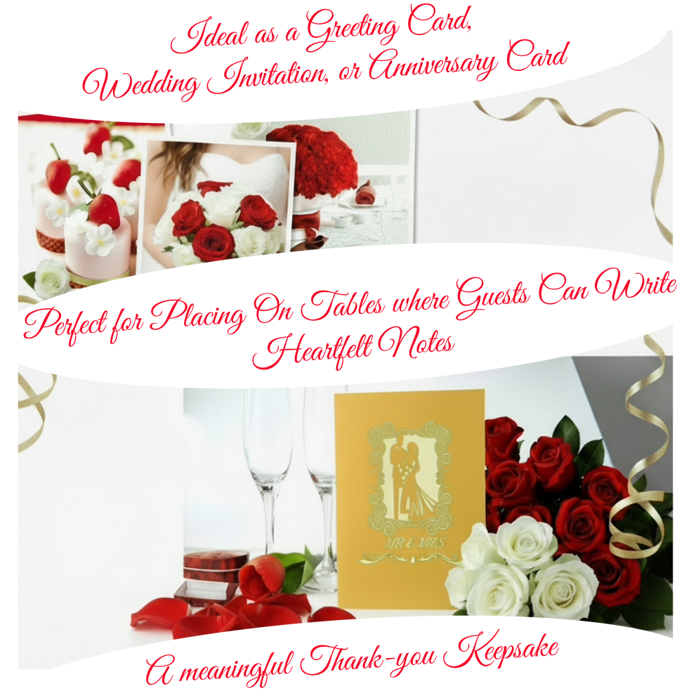 Greeting card with wedding-themed images and text on a white background