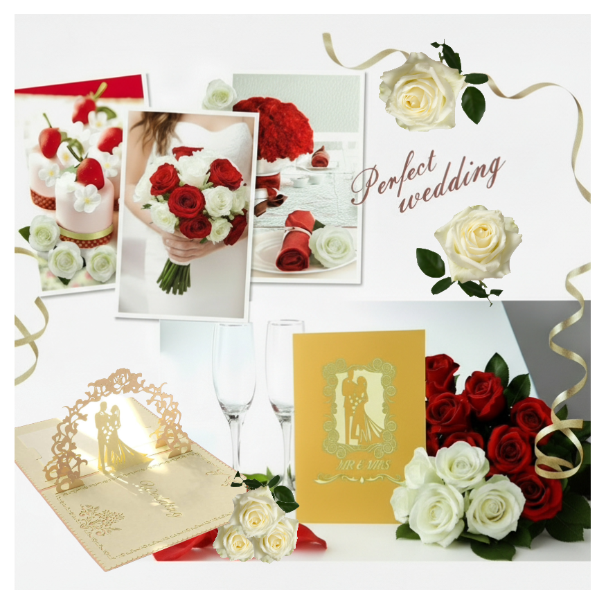 Wedding-themed items including flowers, cards, and a cake on a white background.