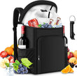Large black cooler bag with ice and drinks surrounded by fruits on a white background