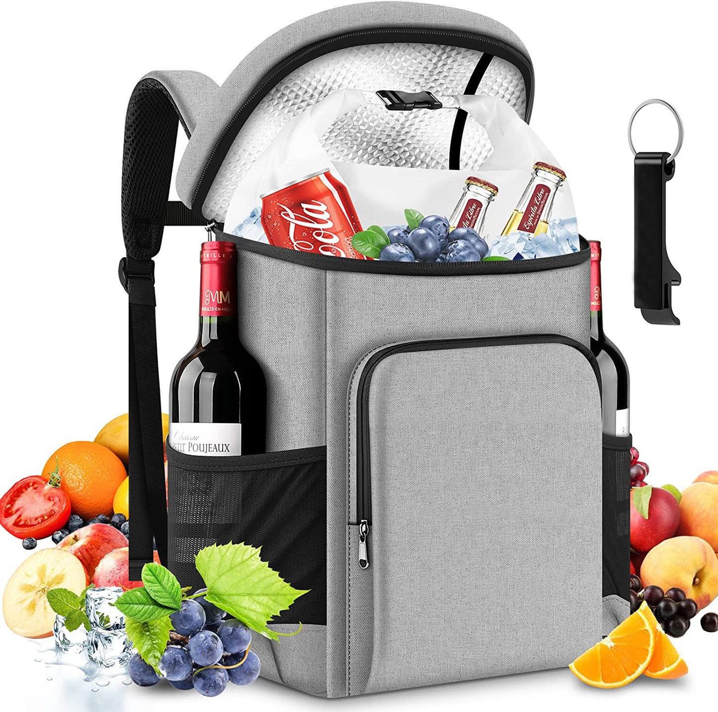 Large gray insulated cooler bag with food and drinks on a white background