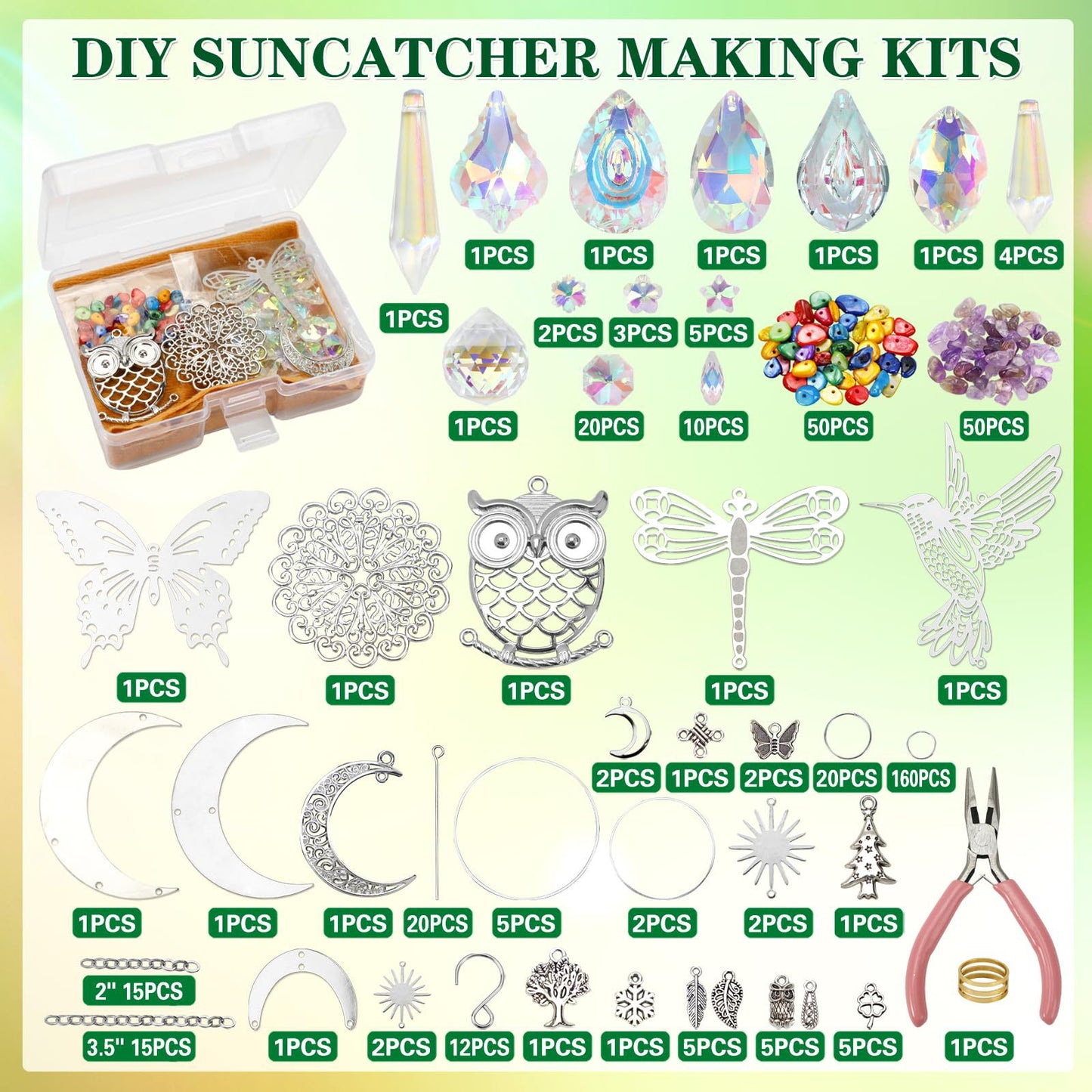 The 460PCS DIY Suncatcher Making Kit with Storage Box – Crystal Prism Craft Set for Window Hanging Decor & Creative DIY Projects featuring all the included pieces.