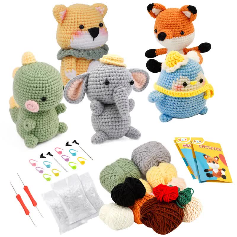 The 5-Piece Beginner Crochet Kit Animal DIY Set – Yarn, Hooks, Needles & Plush Craft Kit featuring a collection of crocheted animal toys with yarn balls, hooks, and patterns on a white background