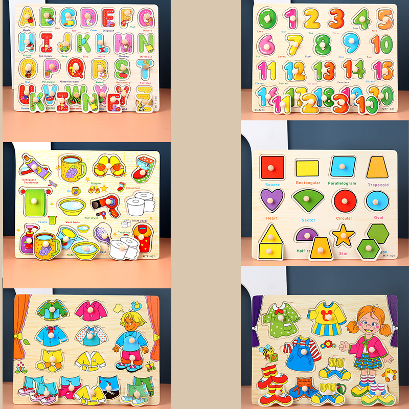 The 6-Pack Wooden Peg Puzzle Boards for Toddlers – Alphabet, Numbers, Shapes, Dress-Up & Everyday Objects Learning Set, Fine Motor & Early Education Toy Ages 3+