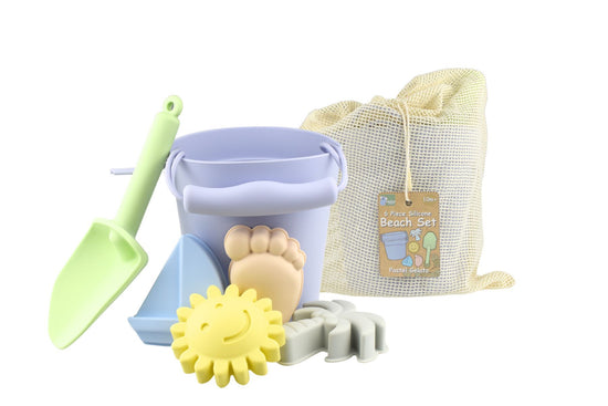 The 6 Piece Silicone Beach Set Pastel Gelato, is a set of pastel-coloured silicone beach toys including a bucket, a spade, and four molds with gelato-themed designs.