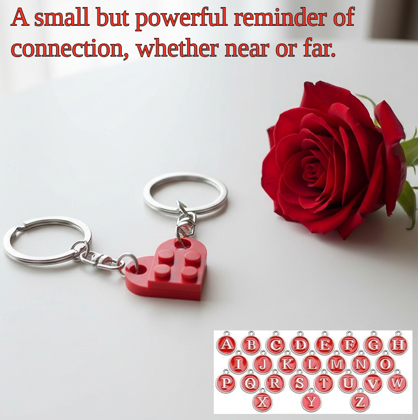 Personalised Initial Matching Heart Brick Keychain Set – Customisable Couples Gift with Interlocking Keyrings (A–Z Letters)