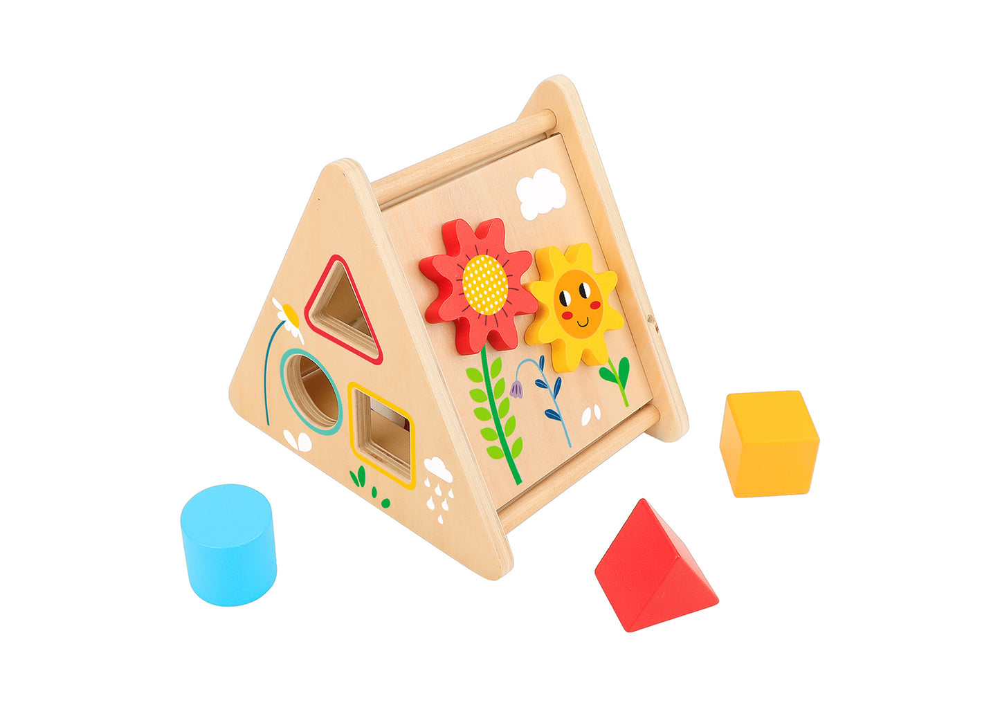 The Activity Triangle, a wooden activity toy shaped like a triangle with various colourful shapes and gears on its sides, designed for young children.