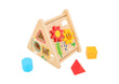 The Activity Triangle, a wooden activity toy shaped like a triangle with various colourful shapes and gears on its sides, designed for young children.