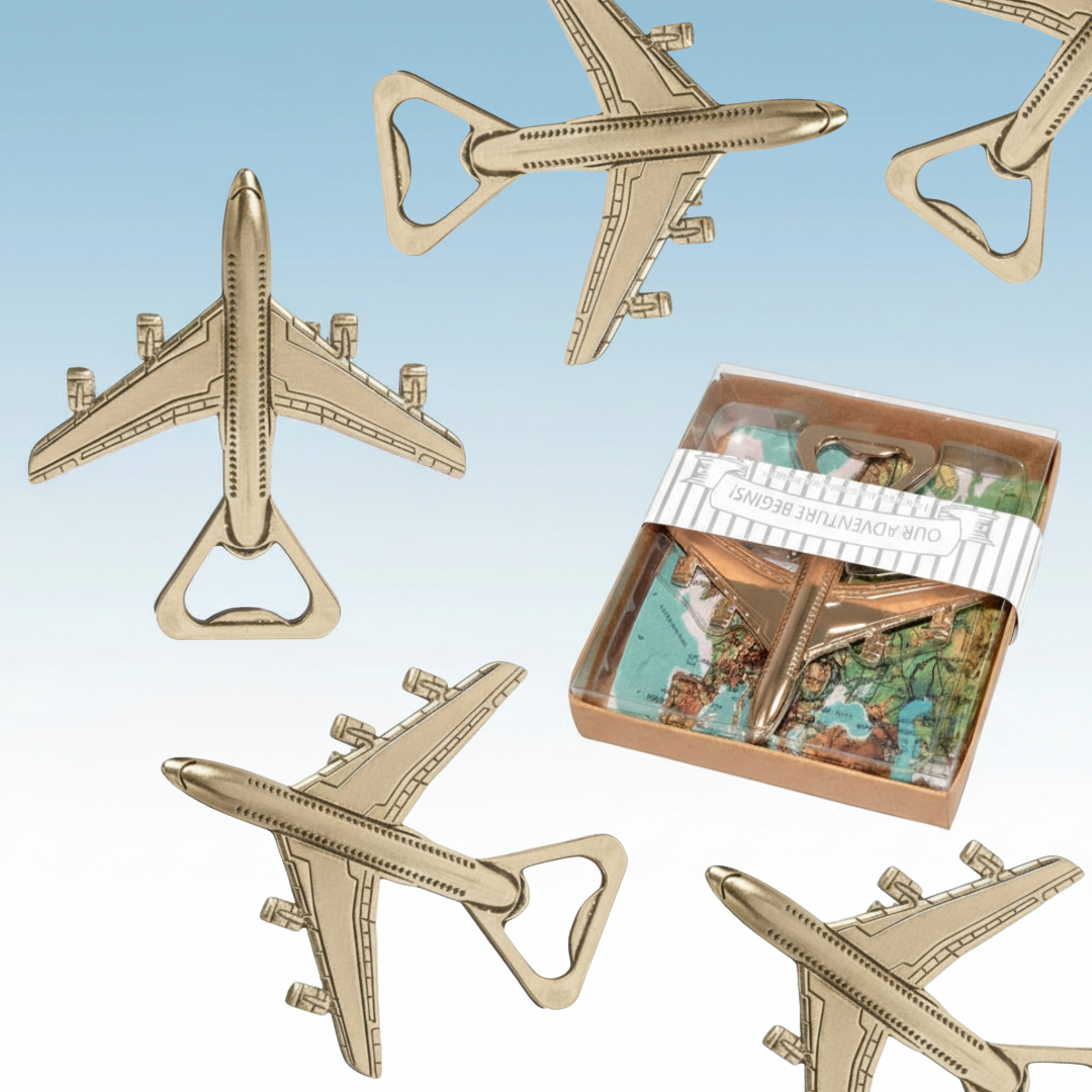Airplane Bottle Opener Set (12 Pack) – Travel-Themed Party Favours & Adventure Gifts with Gift Box, featuring the Airplane Bottle Opener flying around the gift box.