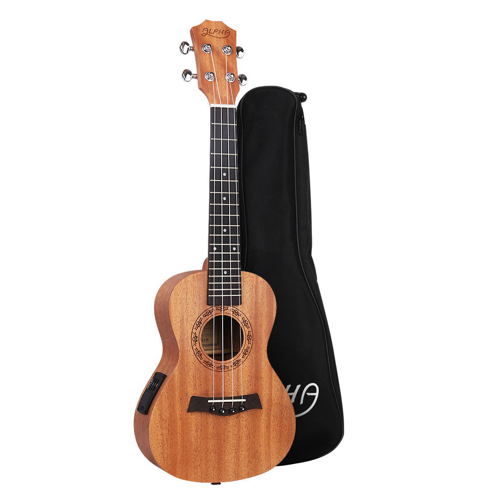 The Alpha 26-inch Tenor Ukulele w/ EQ and Bag - Natural Mahogany with a rosewood fretboard, mahogany back and sides, and a matte finish, displayed alongside its black carrying bag.
