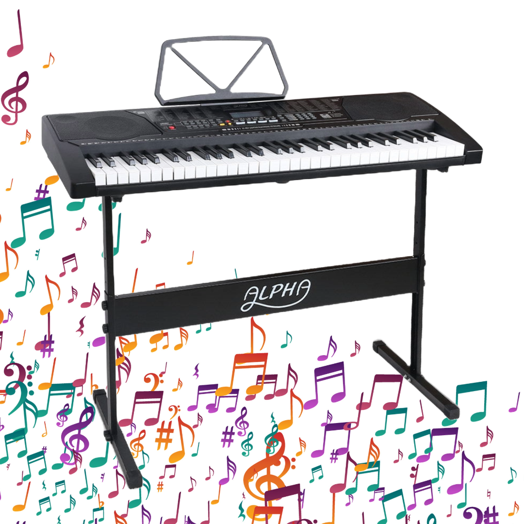 Featuring the Alpha 61 Keys Electronic Piano Keyboard EK-91 with Adjustable Stand against a white background with musical notes.