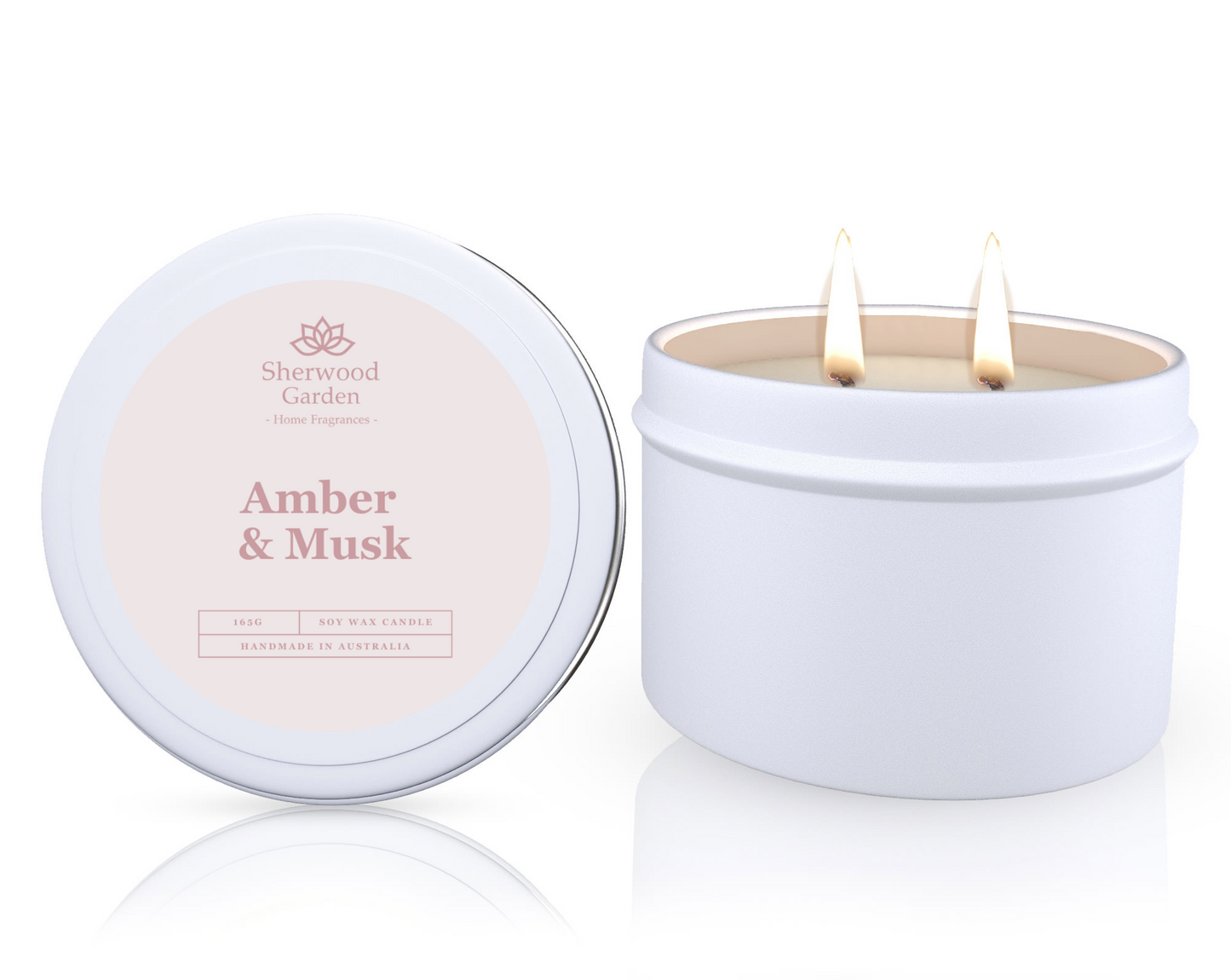 The Amber & Musk Soy Candle Tin 165g, featuring a candle in a white tin labeled 'Amber & Musk' by Sherwood Garden on a white background